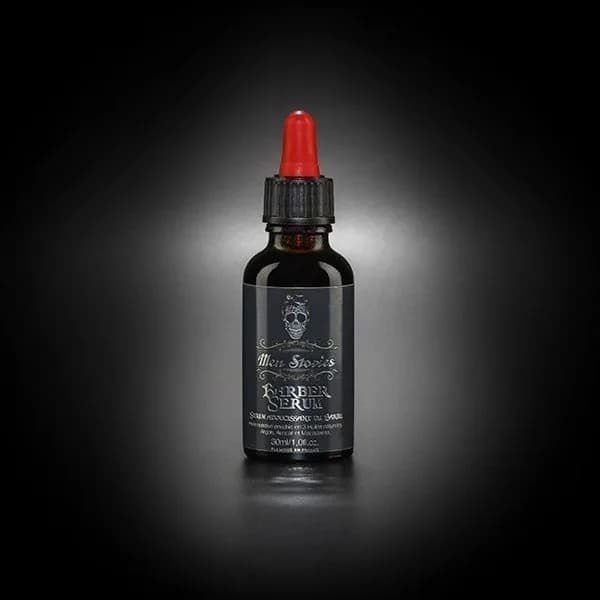Flacon compte-gouttes de Barber Serum Men Stories, 30 ml, sur fond noir